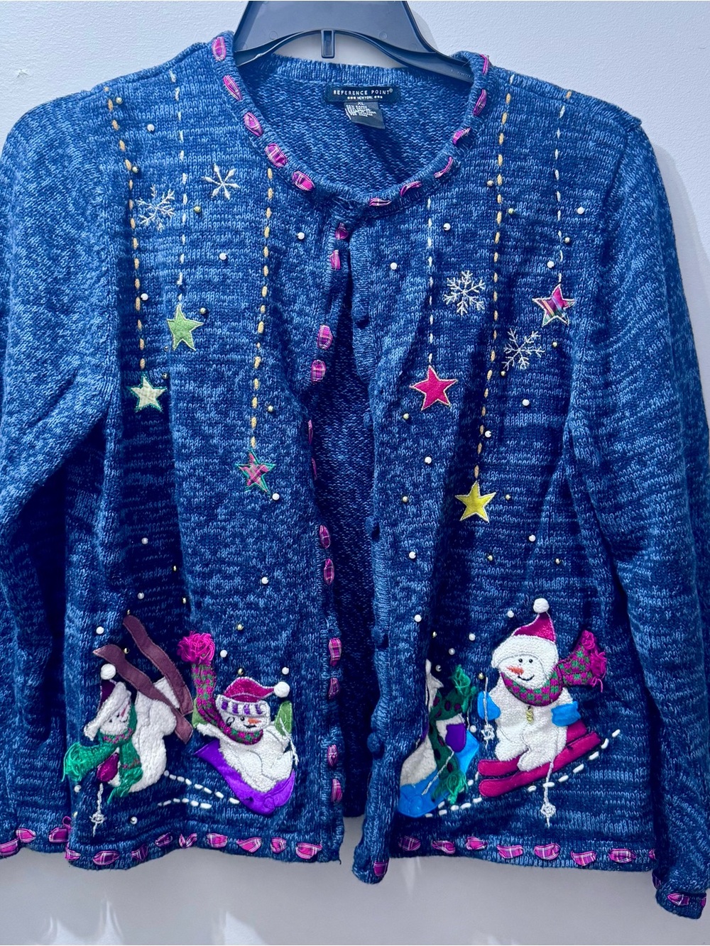 Reference Point Blue Holiday Snowman Cardigan Sweater, Women's Size XL
